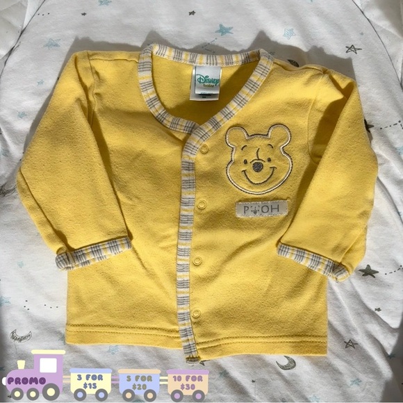 ⭒ 3M Winnie The Pooh Disney Yellow Button Up Long Sleeve Embroidered Striped ⭒ - Picture 1 of 10